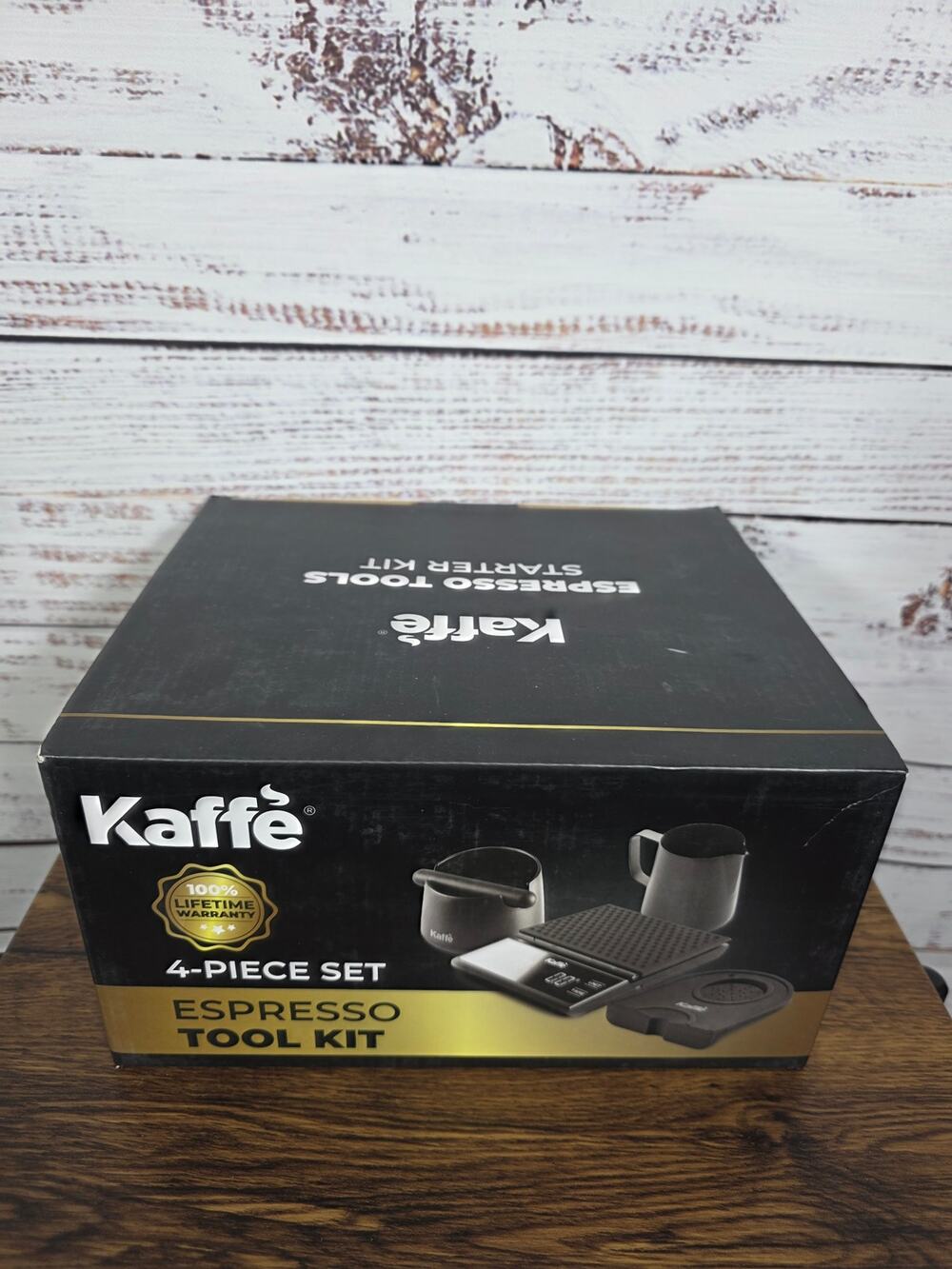Kaffe 4-Piece Espresso Tool Kit -Scale, Knock Box, Pitcher & Tamping Mat, NEW